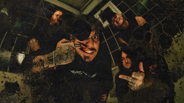 Promotional studio photo of deathcore band Distant, photographed by Salem Vex, featuring all band members posed together