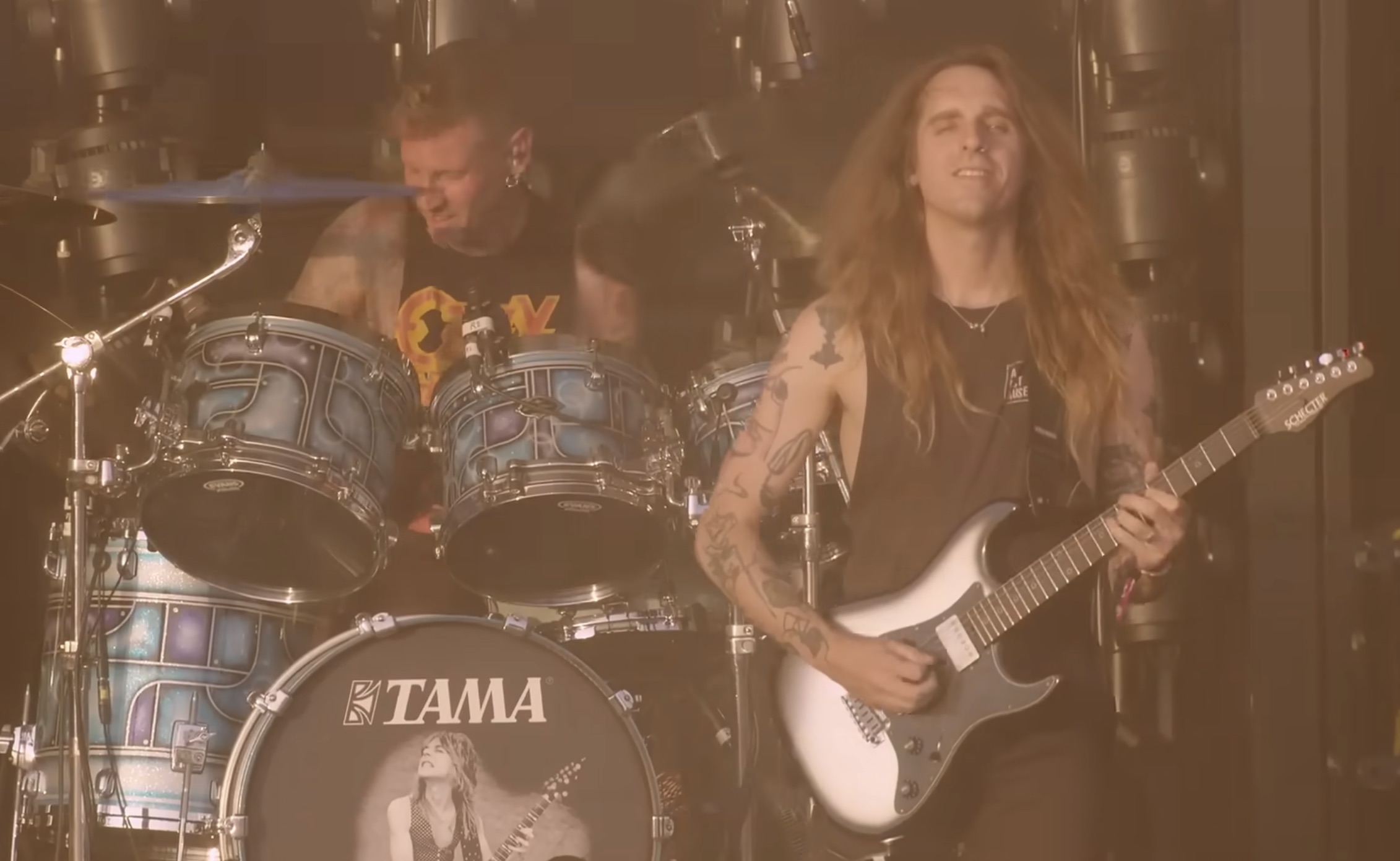 Brann Dailor and Nick Johnston performing live on stage with Mastodon at Bloodstock 2025.