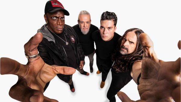 Sepultura 2026 band photo featuring Derrick Green on vocals, Andreas Kisser on guitars, Paulo Jr. on bass, and Greyson Nekrutman on drums