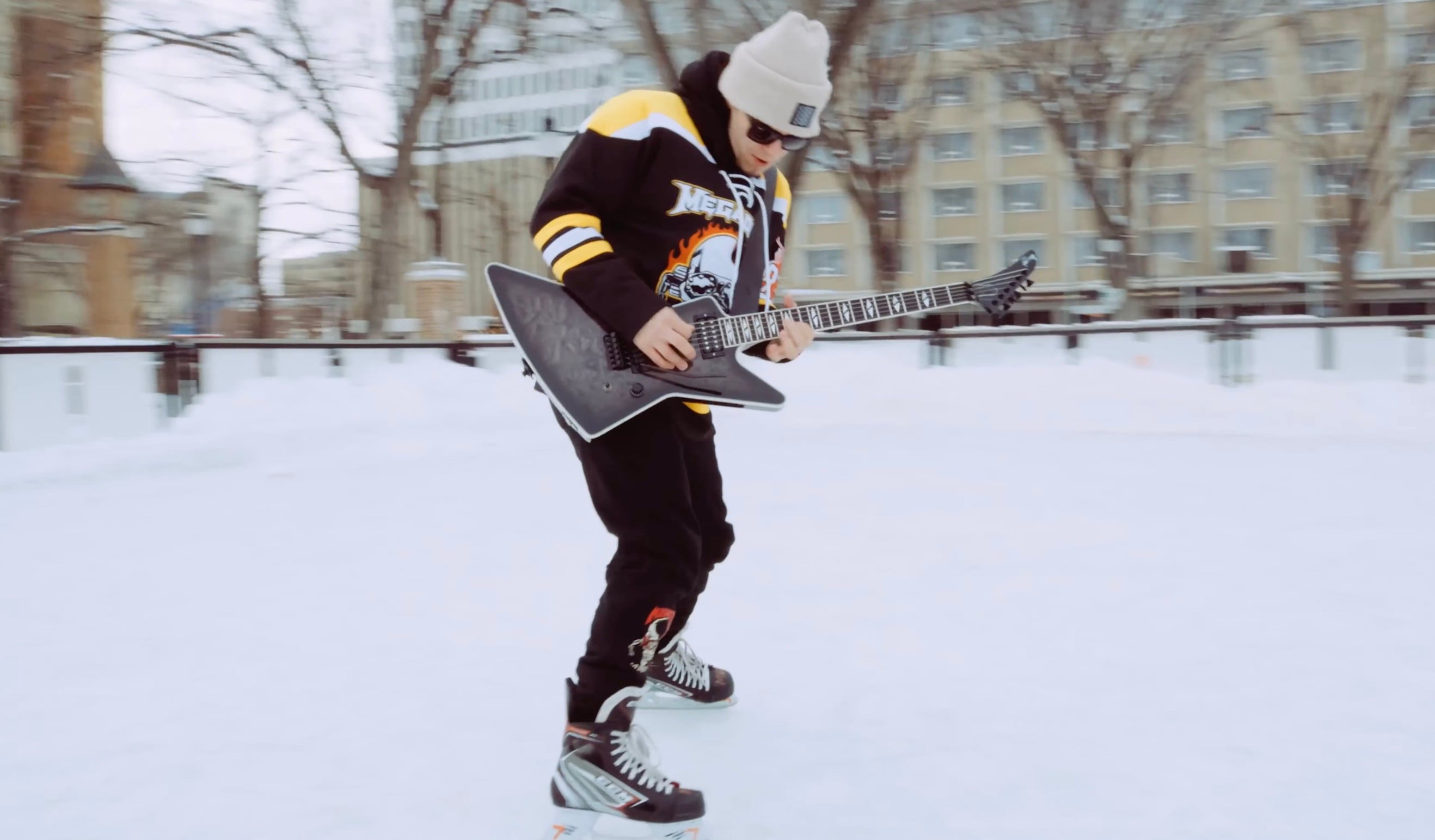 Megadeth guitarist Teemu Mäntysaari performing a shredding guitar solo on ice for ‘Let There Be Shred’