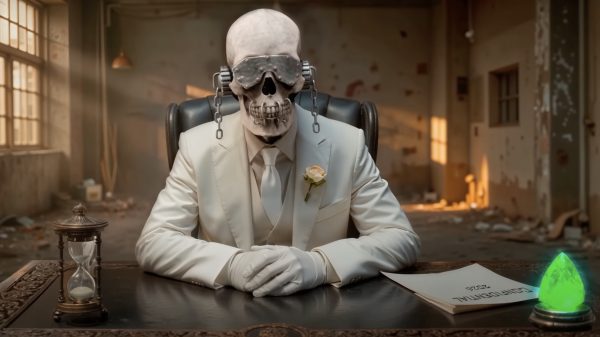 A photo of Vic Rattlehead, mascot of Megadeth.