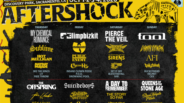 Aftershock 2026 lineup announcement graphic featuring My Chemical Romance, The Offspring, Sublime, Limp Bizkit, $UICIDEBOY$, Wu-Tang Clan, Pierce The Veil, A Day To Remember, BABYMETAL, TOOL, Queens of the Stone Age, and Danny Elfman, with event dates Oct 1–4 in Sacramento.