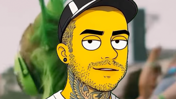 Screenshot from Emmure’s AI-animated announcement video for the Orlando, FL stop of Vans Warped Tour 2026, showing frontman Frankie Palmeri in ‘The Simpsons’ style animation