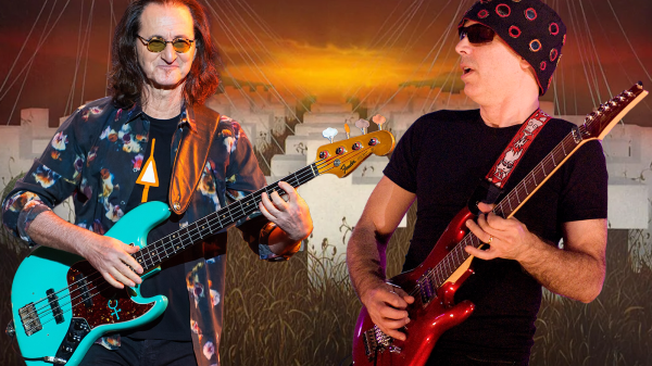 Geddy Lee and Joe Satriani standing in front of Metallica’s Master of Puppets album cover.